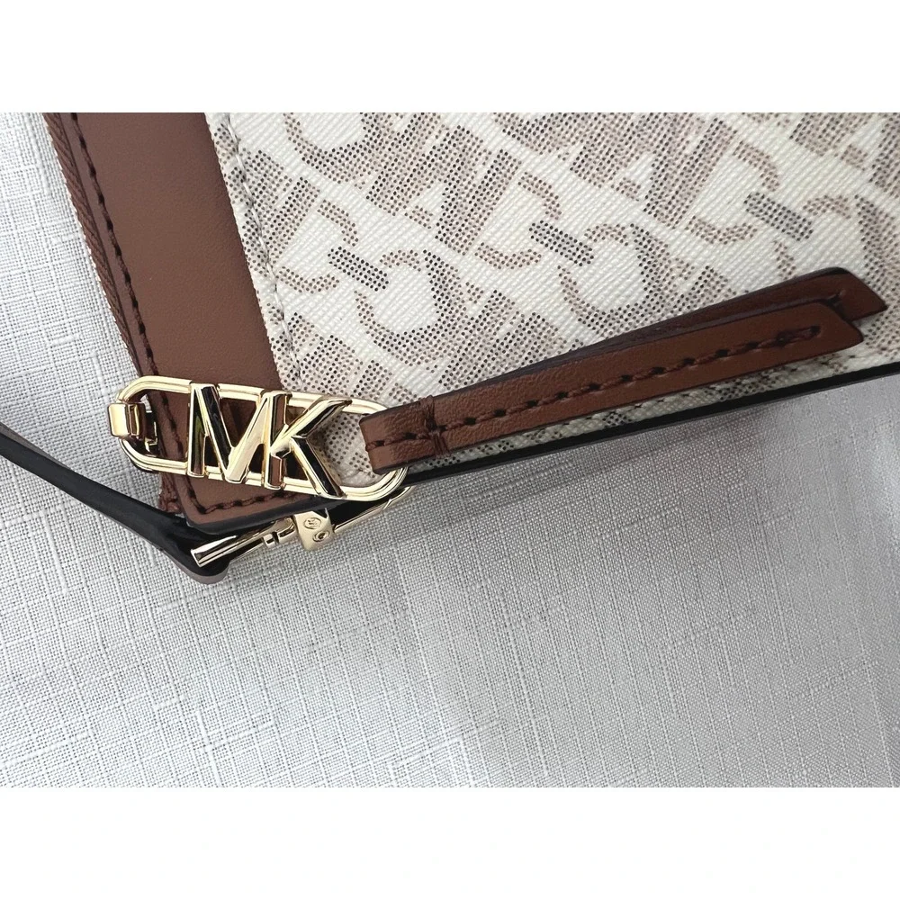 Michael Kors Crossbody Bag Women Small Brown Excellent Logo Print Gold Hardware